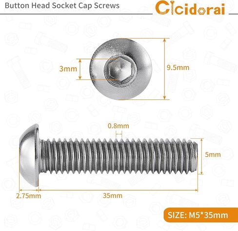 Cicidorai M5-0.8 x 35mm Button Head Socket Cap Bolts Screws, 304 Stainless Steel 18-8, Allen Socket Drive, Full Machine Threads, Quantity 25 in Saudi Arabia