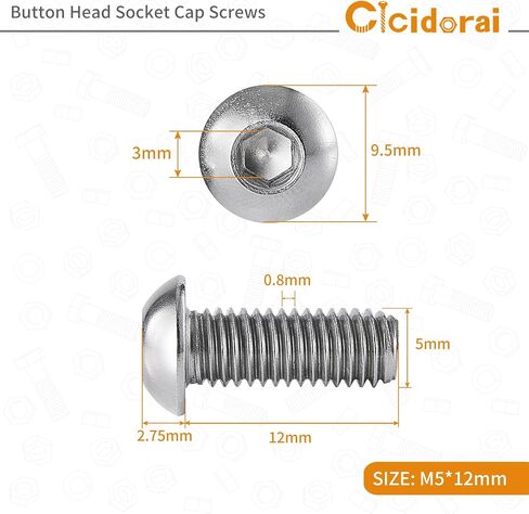 Cicidorai M5-0.8 x 35mm Button Head Socket Cap Bolts Screws, 304 Stainless Steel 18-8, Allen Socket Drive, Full Machine Threads, Quantity 25 in Saudi Arabia