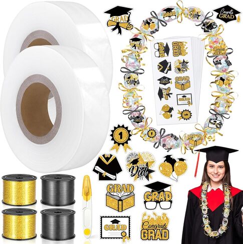 Fovths 2 Roll 2000 Feet Graduation Candy Lei Making Kit Include 2024 Graduation Poly Tubing Roll 1200 Feet Ribbon Grad Stickers DIY Grad Candy Lei Bag for Graduation Party Favor in Saudi Arabia