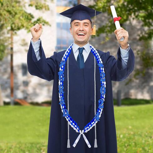 2024 شريط التخرج Lei وHonor Cord مضفر قلادة - أزرق أبيض مصنوع يدويًا من الساتان طويل التخرج مع دبابيس لامعة "2024 GRAD" لفئة 2024 النساء والرجال المدرسة الثانوية كلية التخرج لوازم الحفلات in Kuwait