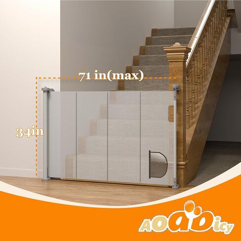 Upgrade Retractable Baby Gate with Transparent PVC Cat Door,Extends to 71" Wide 34" Tall Extra Wide Baby Gate Durable Mesh Dog Gate Keep Pets from Getting Bottom,for Doorways Stairs Indoor and Outdoor in Kuwait