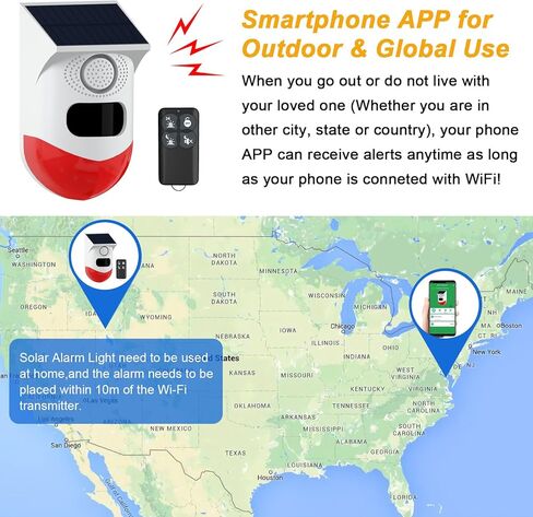 إنذار مستشعر الحركة الخارجية ChunHee WiFi بالطاقة الشمسية، تشغيل تطبيق Tuya، ضوء صفارة أمان الصوت 130 ديسيبل مع جهاز تحكم عن بعد، كاشف حركة مقاوم للماء IP67 للمنزل، الفيلا، المزرعة، الحظيرة، الفناء، حظيرة الدجاج 2 حزمة in Kuwait
