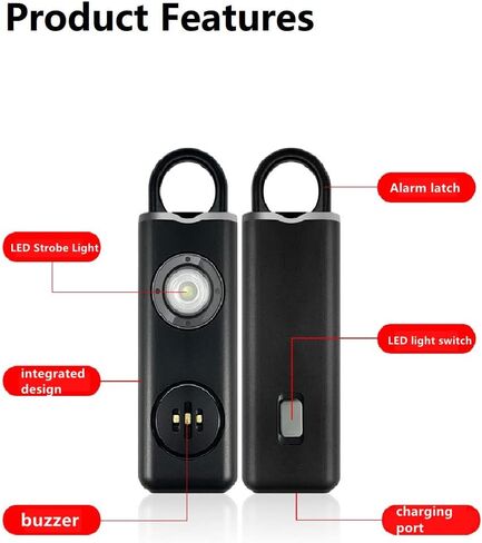 إنذار شخصي بصوت آمن، 130 ديسيبل بصوت عالٍ لأغنية صفارة الإنذار لحالات الطوارئ مع ضوء LED SOS SOS وحلقة تسلق وكابل شحن وصفارة أمان الصوت للنساء والرجال والأطفال وكبار السن (أبيض) in Kuwait