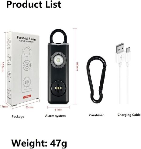 إنذار شخصي بصوت آمن، 130 ديسيبل بصوت عالٍ لأغنية صفارة الإنذار لحالات الطوارئ مع ضوء LED SOS SOS وحلقة تسلق وكابل شحن وصفارة أمان الصوت للنساء والرجال والأطفال وكبار السن (أبيض) in Kuwait