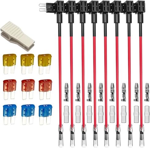Gebildet 8pcs 12V-24V Add-a-Circuit Micro 2 Fuse Tap، Piggy Back بليد فيوز حامل مع تسخير الأسلاك، 9 قطع Micro 2 Fuse (5A 10A 15A) وساحب الصمامات in Kuwait