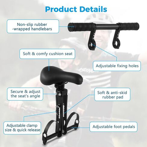 Lnrueg Kids Bike Seat with Handlebar Attachment, Front Mounted Bike Child Seats with Foot Pedals, Detachable Cushion Bike Seat with Handlebar for Kids Ages 2 to 5, Adjustable for Mountain Bikes in Saudi Arabia