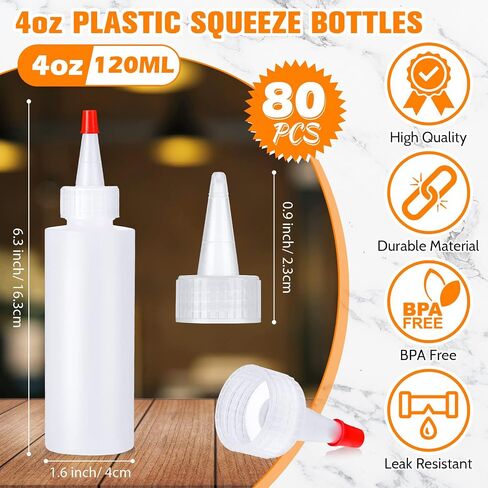 Nuenen 80 Pieces 4 oz Squeeze Bottle with Cap Squeeze Condiment Bottles for Sauces Ketchup Liquids Paint Clear Empty Refillable Plastic Squirt Bottles with Red Tip Cap in Saudi Arabia