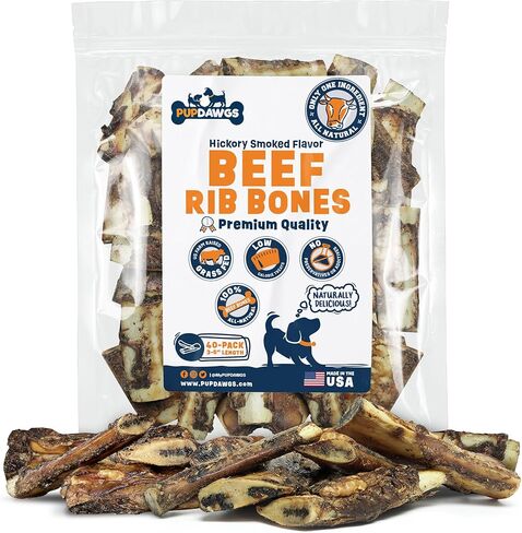 Single Ingredient Dog Bones - Made in USA - Small Beef Rib Bones - Natural Dog Bones for Aggressive Chewers - from USDA Inspected Beef - Hickory Smoked - Wrapped in Sets of 5 (5 Piece Pack) in Kuwait