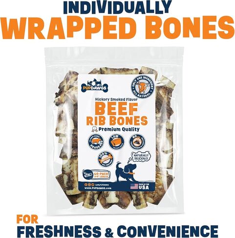 Single Ingredient Dog Bones - Made in USA - Small Beef Rib Bones - Natural Dog Bones for Aggressive Chewers - from USDA Inspected Beef - Hickory Smoked - Wrapped in Sets of 5 (5 Piece Pack) in Kuwait