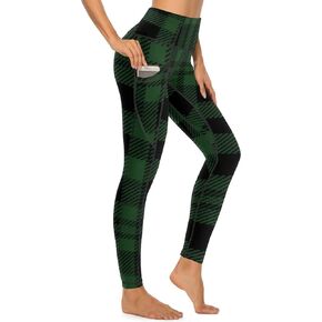 Black and Green Buffalo Plaid Yoga Pants with Pockets for Women High Waist Tummy Control Workout Womens Leggings in Saudi Arabia