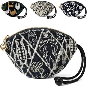 Embroidery Coin Purse for Girl Women,Vintage Coin Pouch Small Zipper Wallet Change Cash Bag Cute Rosary Pouch,Portable Mini Change Purse for Coins Cash Key with Pull-out Key Ring in Saudi Arabia