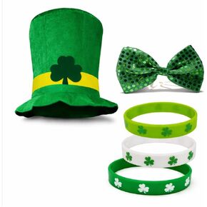 St. Patrick’s Day Accessories for Men – Green Leprechaun Hat, Sequin Bow Tie & Shamrock Bracelets, Irish Costume Outfit Set for Party Parade in Saudi Arabia