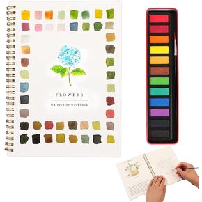 مصنف الألوان المائية، كتاب تلوين مائي، مجموعة طلاء ألوان مائية، مصنفات ألوان مائية مناسبة للمبتدئين، مع مجموعة طلاء ألوان مائية مكونة من 12 لونًا مع فرشاة طلاء، كتاب ألوان مائية للبالغين (زهرة ب) in Kuwait
