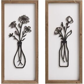 pechpell 3D Wooden Flower Wall Art With Wood Framed, 15.7×7.1 Inch Set of 2 Boho Black White Wall Vase For Floral Decor, Bathroom Bedroom Kitchen Rustic Farmhouse Home Artwork in Kuwait