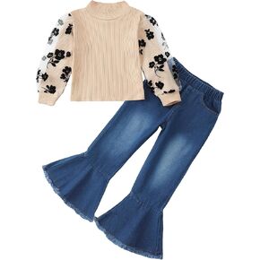 Kucnuzki Toddler Girl Clothes Cute Kids Clothes Long Sleeve Shirts Top Bell Bottom Denim Jeans Pants 2 Piece Matching Outfits in Kuwait