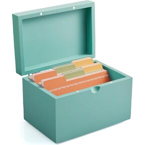 صندوق بطاقات الفهرس 3x5 من DRASTAR، صندوق وصفات صغير، منظم بطاقات الفهرس الخشبي مع 45 فواصل، منظمات البطاقات التعليمية باللون الأزرق المخضر in Kuwait