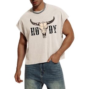 Men's Western Cowboy Crop Top Cow Skull Graphic Cropped Sleeveless T Shirt Country Concert Summer Tank Tops in Saudi Arabia