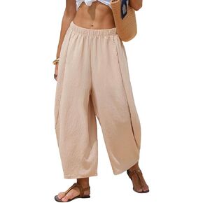 EXLURA Womens Faux Linen Wide Leg Boho Pants Summer Palazzo Casual Loose Elastic Waist Baggy Trousers Beach Vacation Pockets in Kuwait
