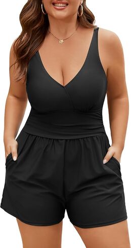 Plus Size Swim Romper Women One Piece Swimsuit Tummy Control Bathing Suit Modest Full Coverage Swimwear with Shorts Pockets in Kuwait