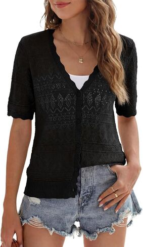 Saodimallsu Womens Short Sleeve Cardigans Button Down Crochet Lightweight Spring Summer V Neck Knit Sweater Tops in Saudi Arabia