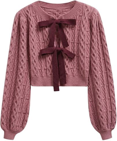 CHICWISH Women Bow Tie Front Cropped Cable Knit Cardigan Crewneck Long Sleeves Trendy Fall Winter Casual Sweater in Saudi Arabia