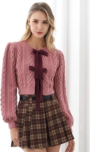 CHICWISH Women Bow Tie Front Cropped Cable Knit Cardigan Crewneck Long Sleeves Trendy Fall Winter Casual Sweater in Saudi Arabia