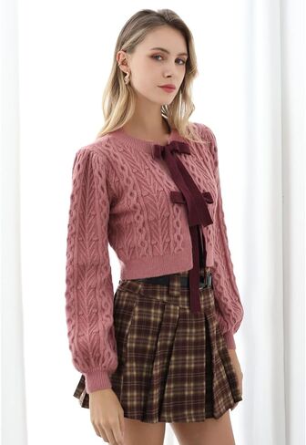 CHICWISH Women Bow Tie Front Cropped Cable Knit Cardigan Crewneck Long Sleeves Trendy Fall Winter Casual Sweater in Saudi Arabia