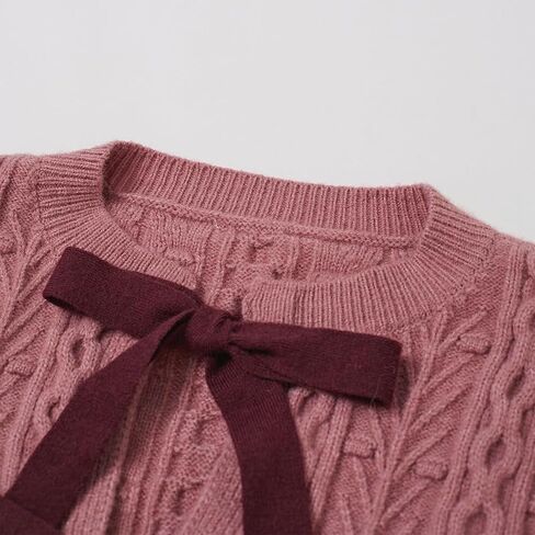 CHICWISH Women Bow Tie Front Cropped Cable Knit Cardigan Crewneck Long Sleeves Trendy Fall Winter Casual Sweater in Saudi Arabia