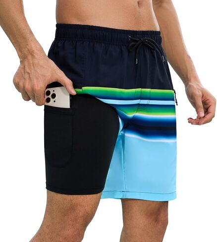 Mens Swim Trunks with Compression Lining Quick Dry Swimsuit for Men Board Shorts Swim Shorts with Zipper Pockets in Saudi Arabia