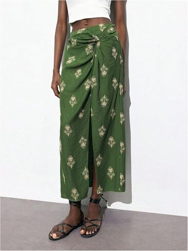 MakeMeChic Women's Boho Floral Maxi Skirt Twist Embroidery Split Tight Vacation Skirts in Saudi Arabia