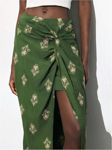 MakeMeChic Women's Boho Floral Maxi Skirt Twist Embroidery Split Tight Vacation Skirts in Saudi Arabia