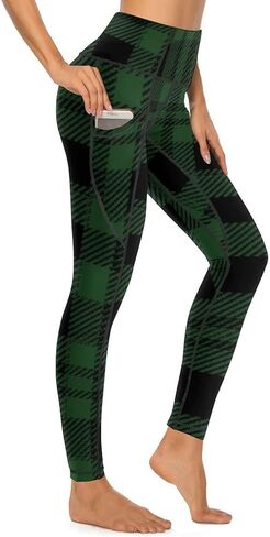 Black and Green Buffalo Plaid Yoga Pants with Pockets for Women High Waist Tummy Control Workout Womens Leggings in Saudi Arabia