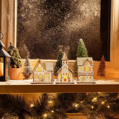 3pcs Christmas Wood Village Christmas Luminous Wooden House LED Luminous House for Christmas Glowing Adornments in Saudi Arabia