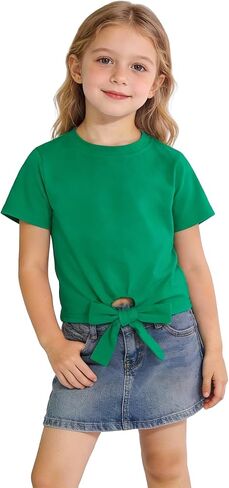 Magic Park 4-14Y Girls Short Sleeve T-Shirt Front Tie Knot Tee Kids Summer Casual Holiday Top Solid Color Crewneck Blouse in Saudi Arabia
