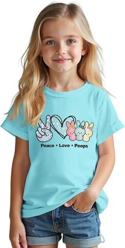 SOFEON Kids Girls Easter Shirt Bunny Peace Love Peeps T-Shirt Cute Funny Rabbit Graphic Tees Short Sleeve Casual Tops in Saudi Arabia