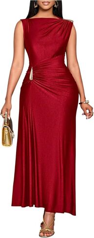 GORGLITTER Women's Ruched Bodycon Maxi Dress Wedding Guest Cocktail Prom Dress Metal Boat Neck Wrap Sleeveless Dresses in Saudi Arabia