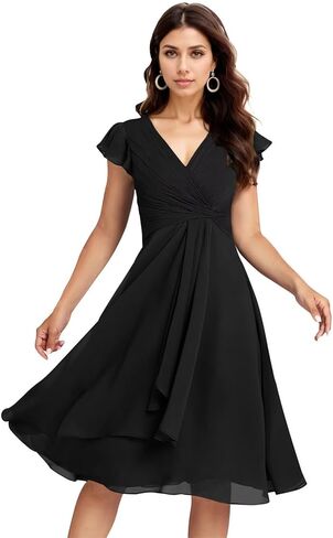 Short Chiffon Bridesmaid Dresses for Women V Neck Flutter Sleeves Ruffle Formal Prom Dress with Pockets IMR006 in Saudi Arabia