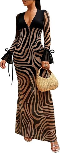 Verdusa Women's Wedding Guest Dress Zebra Print Deep V Neck Bow Tie Flounce Sleeve Cocktail Dresses in Saudi Arabia