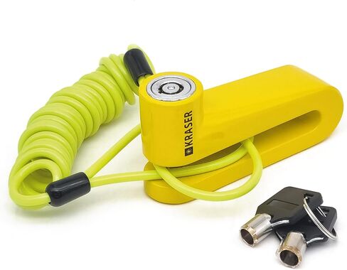 KRASER KR710Y Brake Disc Lock Motorcycle Lock Disc Brake Lock Motorcycle, Scooter, Bike, Universal Motorcycle Anti Theft Disc Lock with Reminder Cable and 10mm Locking Shaft, Yellow in Kuwait