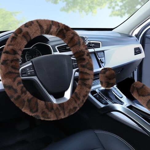 Fuzzy Steering Wheel Cover for Women Girls, Accmor Universal Fit 15 inch Fur Car Wheel Cover & Handbrake Cover & Gear Shift Cover Set, Fashion Leopard Winter Warm Fluffy Vehicle Wheel Protector in Saudi Arabia