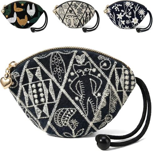 Embroidery Coin Purse for Girl Women,Vintage Coin Pouch Small Zipper Wallet Change Cash Bag Cute Rosary Pouch,Portable Mini Change Purse for Coins Cash Key with Pull-out Key Ring in Saudi Arabia