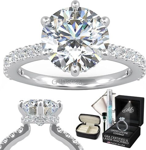 خاتم خطوبة مويسانيتي مستدير 2.5 أو 3 قيراط 6 شقوق/هالة مخفية/أحجار جانبية/ فيرميل من الذهب الأبيض عيار 18 قيراط/ألماس مُصنع في المختبر/لون D وضوح VVS1/معتمد من GRA ومنقوش/لا يسبب الحساسية/مجموعة هدايا in Kuwait