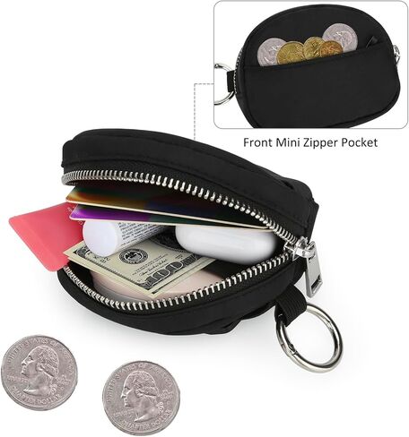 Mini Wristlet Keychain Wallet RFID Blocking Pouch with Adjustable Strap, Small Dual Layer Zipper Coin Purse Card Case, Hands-Free Compact Organizer Bag for Women Men Sports Casual, Black in Kuwait