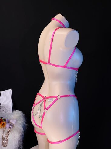 Women Strappy Harness Lingerie Set with Chains Hot Elastic Bra Thong Panty Leg Garters Adjustable Body Harness Sexy Costume in Saudi Arabia