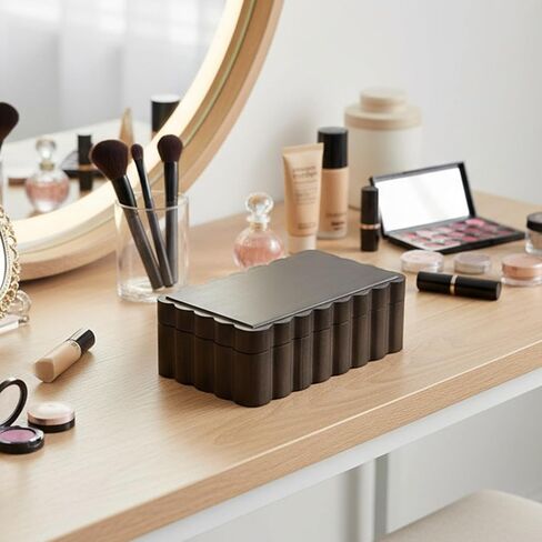 صندوق تذكار من الخشب المطاطي ذو حافة منحوتة - صندوق مجوهرات ذو حافة أخدود للحلي والصور | صندوق مجوهرات خشبي على شكل مروحة | 8.7 بوصة × 5.1 بوصة × 3.2 بوصة | هدية مثالية | صندوق هدايا (بني الجوز) in Kuwait