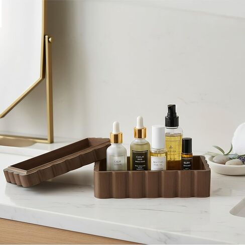 صندوق تذكار من الخشب المطاطي ذو حافة منحوتة - صندوق مجوهرات ذو حافة أخدود للحلي والصور | صندوق مجوهرات خشبي على شكل مروحة | 8.7 بوصة × 5.1 بوصة × 3.2 بوصة | هدية مثالية | صندوق هدايا (بني الجوز) in Kuwait