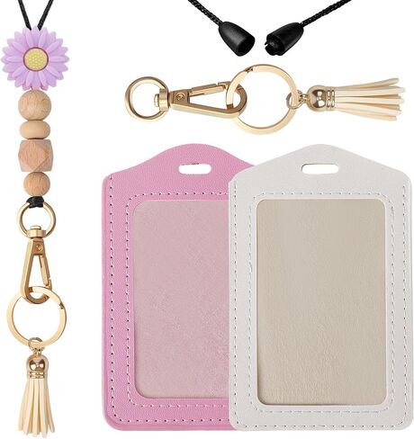 Teacher Lanyards for ID Badges - Teacher Lanyard with ID Holder, Purple Daisy Silicone Beaded Breakaway Leather Tassel Keychain Accessories, Appreciation Gifts for Women Employee(Pink Beige) in Saudi Arabia