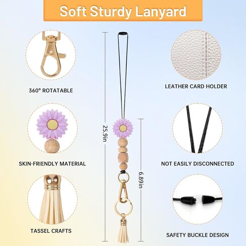 Teacher Lanyards for ID Badges - Teacher Lanyard with ID Holder, Purple Daisy Silicone Beaded Breakaway Leather Tassel Keychain Accessories, Appreciation Gifts for Women Employee(Pink Beige) in Saudi Arabia