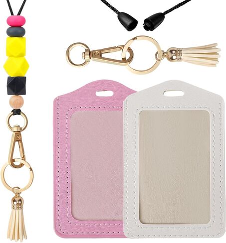 Teacher Lanyards for ID Badges - Teacher Lanyard with ID Holder, Purple Daisy Silicone Beaded Breakaway Leather Tassel Keychain Accessories, Appreciation Gifts for Women Employee(Pink Beige) in Saudi Arabia