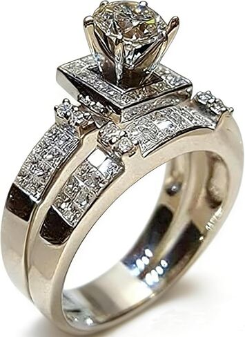 Gixaxak Chic Women White CZ Silver Ring Set Wedding Engagement Jewelry Vintage Style Two Piece Wedding Engagement Bridal Set Ring Band Round CZ 925 Sterling Silver in Saudi Arabia